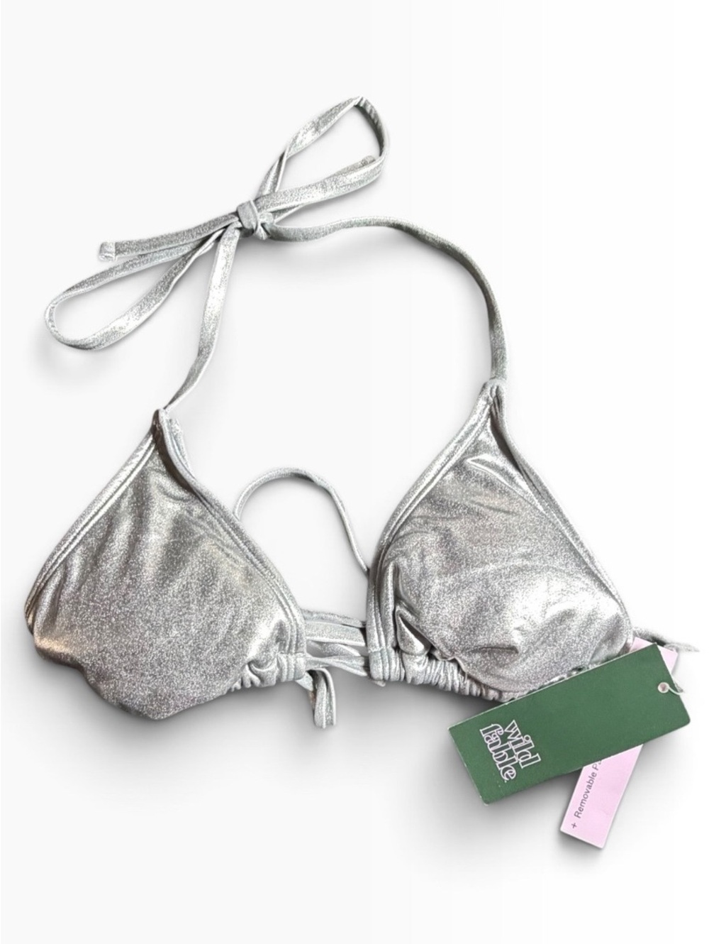 WILD FABLE silver metallic triangle slide string tie bikini swim top Small NWT